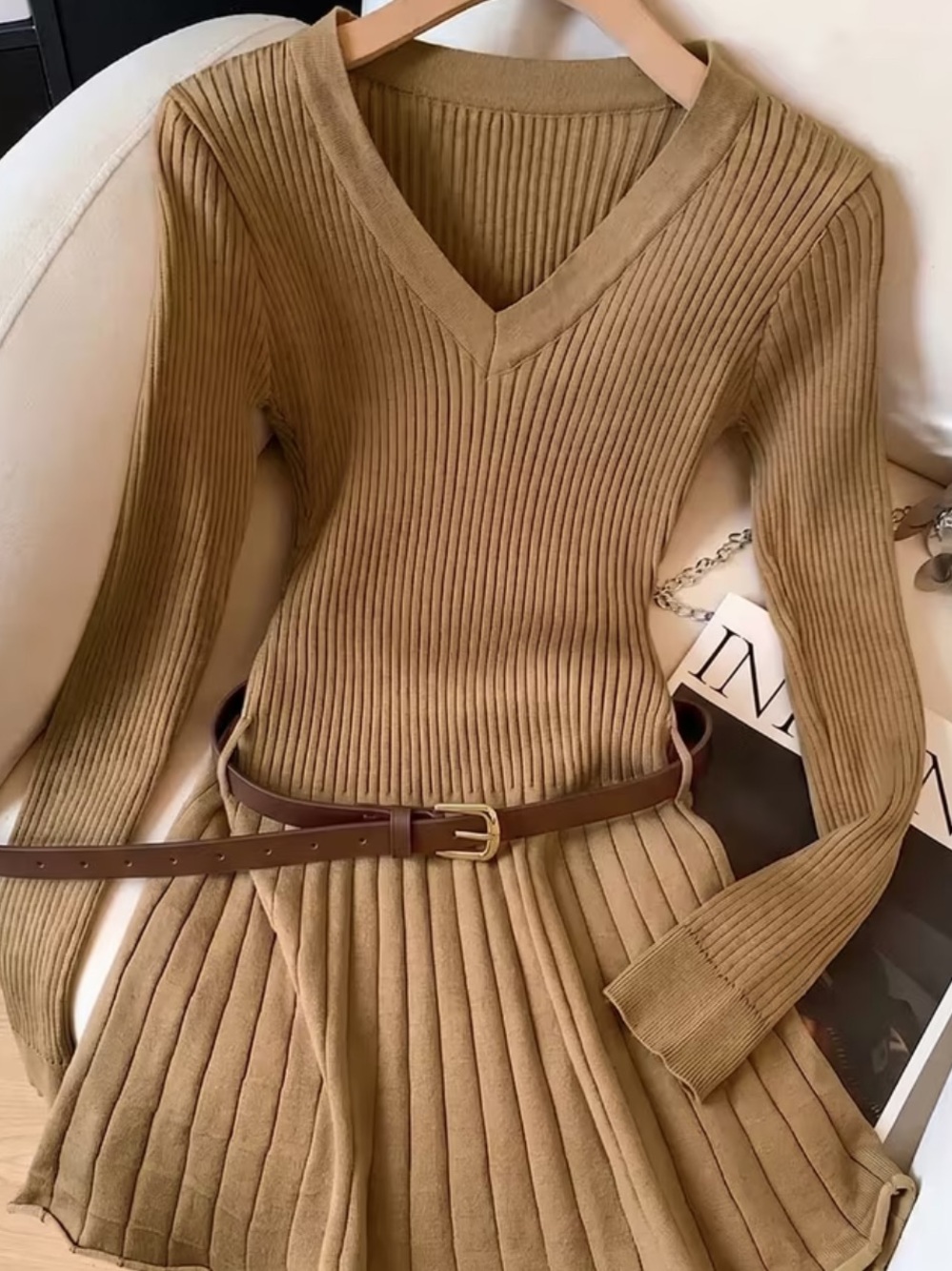 Khaki V-Neck Vertical Ribbed Mini Dress, Long Sleeve Fitted Waist Flared Ruffle